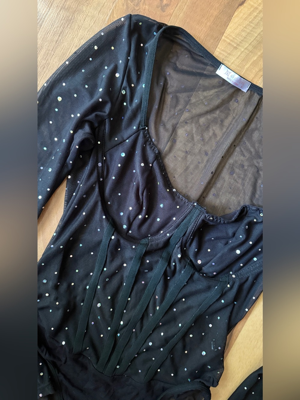 Black Rhinestone Mesh Long-Sleeve Bodysuit - Picture 6 of 7